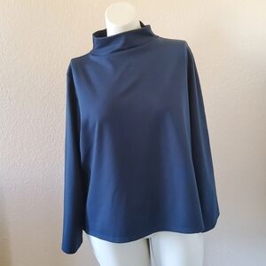 Eileen Fisher Funnel Neck Boxy Top Navy Blue Tencel Long Sleeve Drop Shoulder L